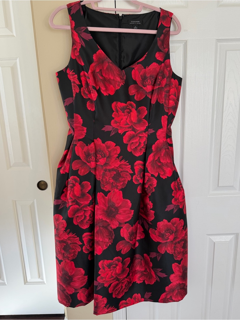 Tahari ASL Black Dress with Bold Red Floral Print V-Neck
